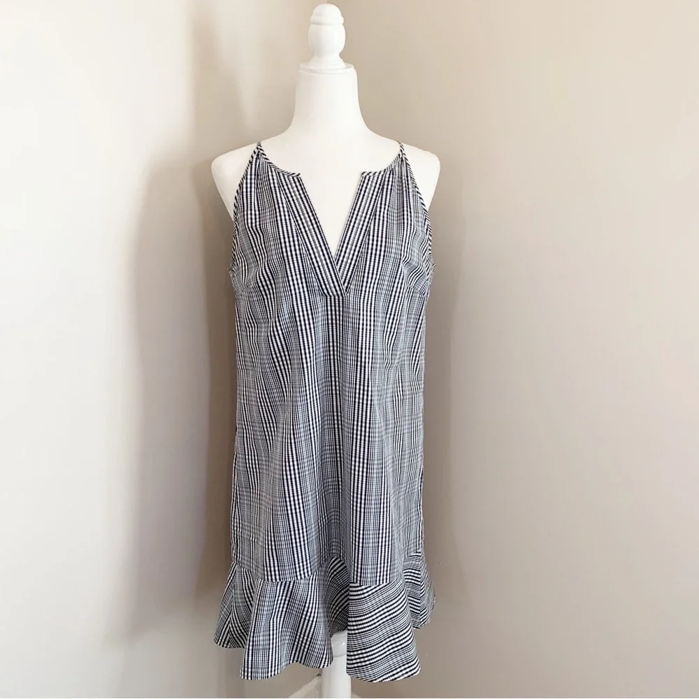 SOLD! J CREW 6 Navy Blue Plaid Flutter Hem Flounce Halter V Neck Shift Dress - Picture 3 of 15